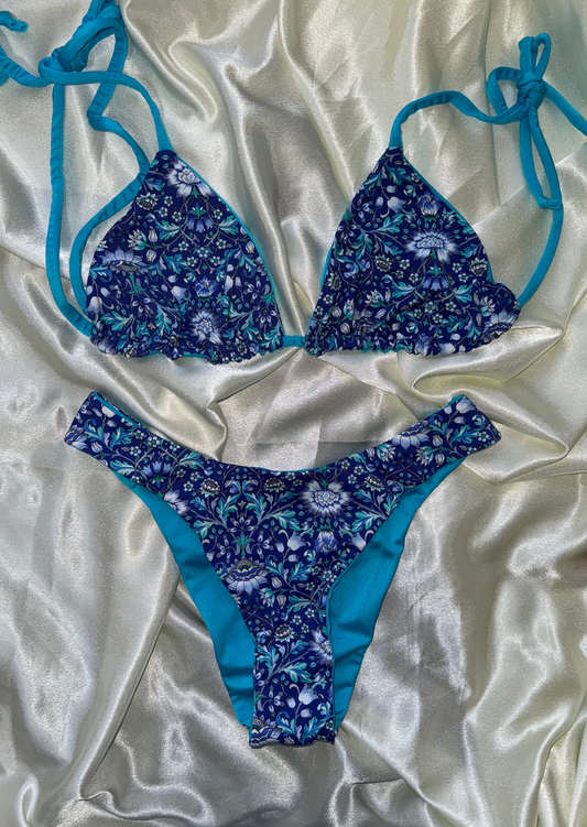 Blue Floral + Turquoise Bikini Set